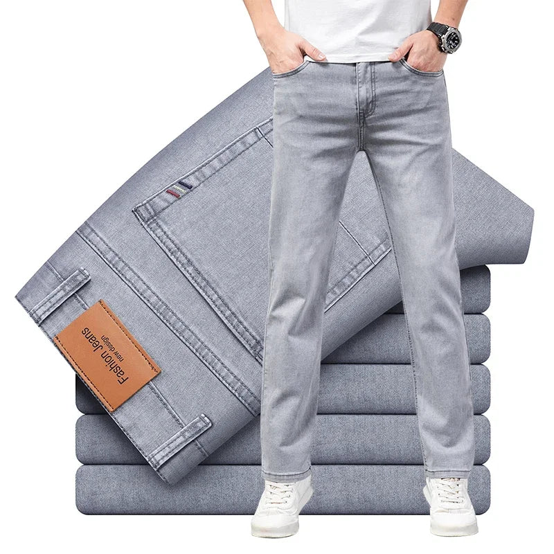 Calça Jeans Masculina Fina de Algodão Elástico