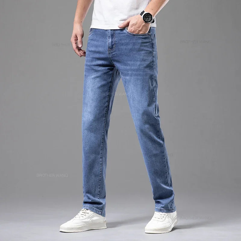 Calça Jeans Masculina Fina de Algodão Elástico