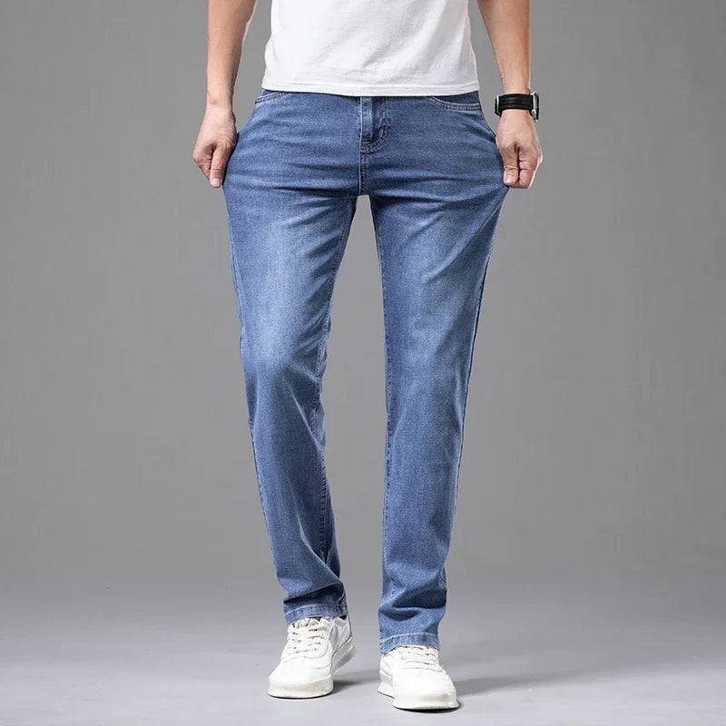 Calça Jeans Masculina Fina de Algodão Elástico