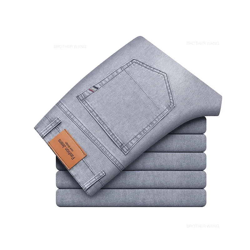 Calça Jeans Masculina Fina de Algodão Elástico
